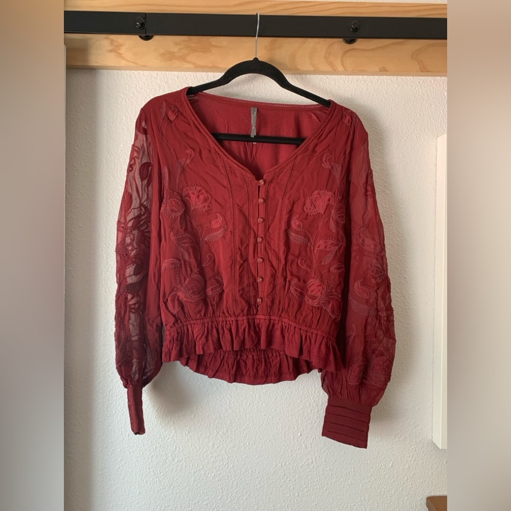 Anthropologie Burgundy Embroidered Sheer Long-Sleeve Blouse - Picture 6 of 7